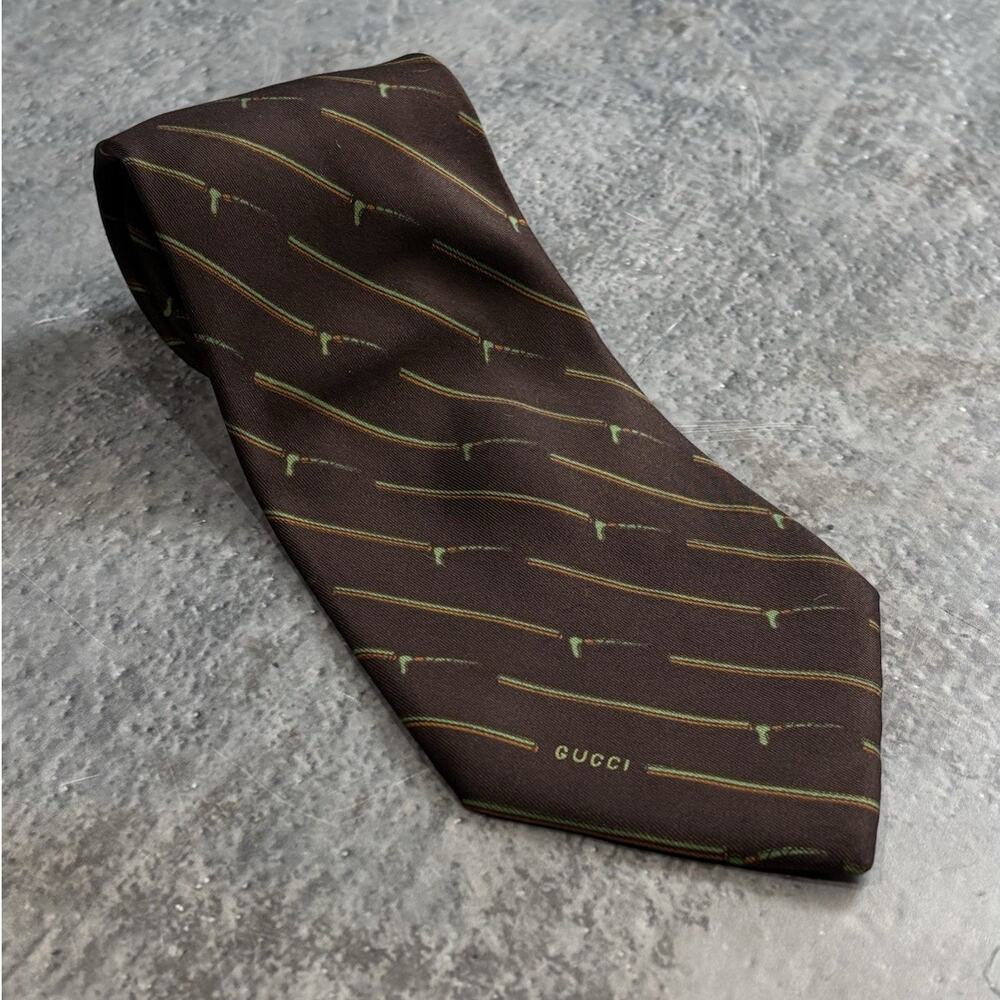 Vintage 80s Gucci Men’s Silk Tie Brown Green Sword Print Logo Designer Necktie